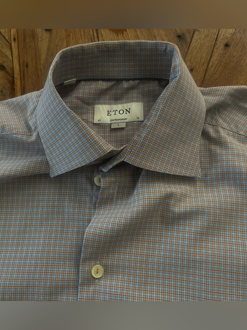 Eton Contemporary Men’s Dress Shirt Sz L 41/16 (45”) Blue Orange White check EXC